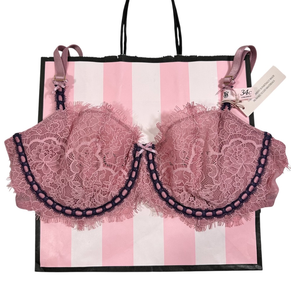 NWT Victoria's Secret Dream Angels Lace Push Up Bra Size 34C Pink Purple Trim‎